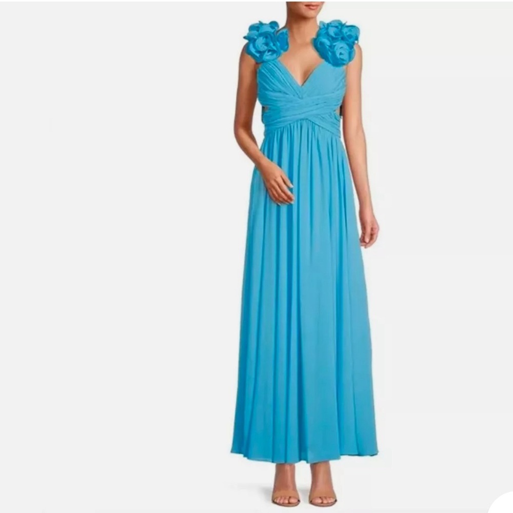 Antonio Melani Size 12 Blue Manila Rosette Sleeveless V-Neck A-Line Maxi Dress